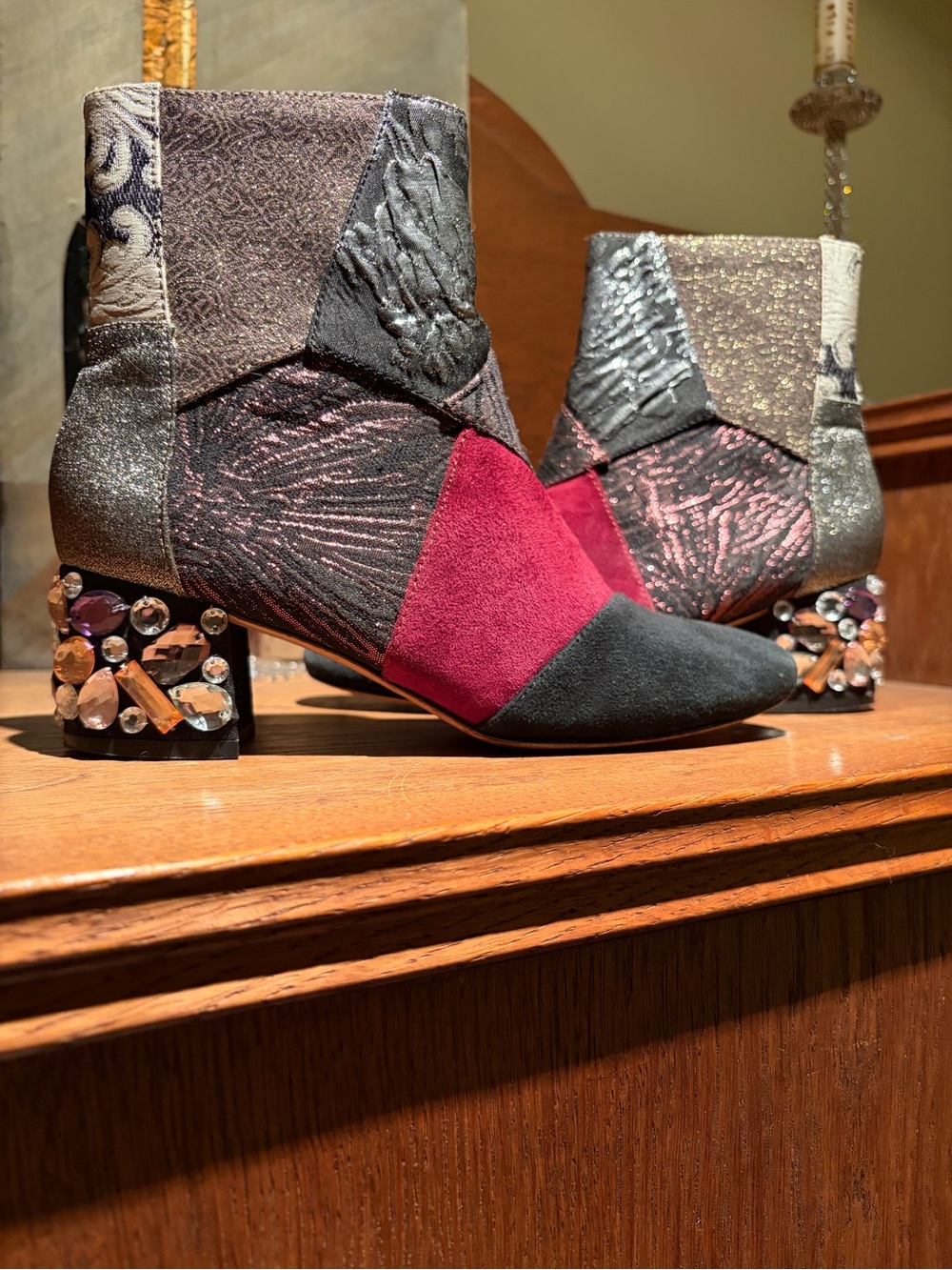 Anthro Bettye Muller Suede, Metallic Brocade and Rhinestone Heeled Booties